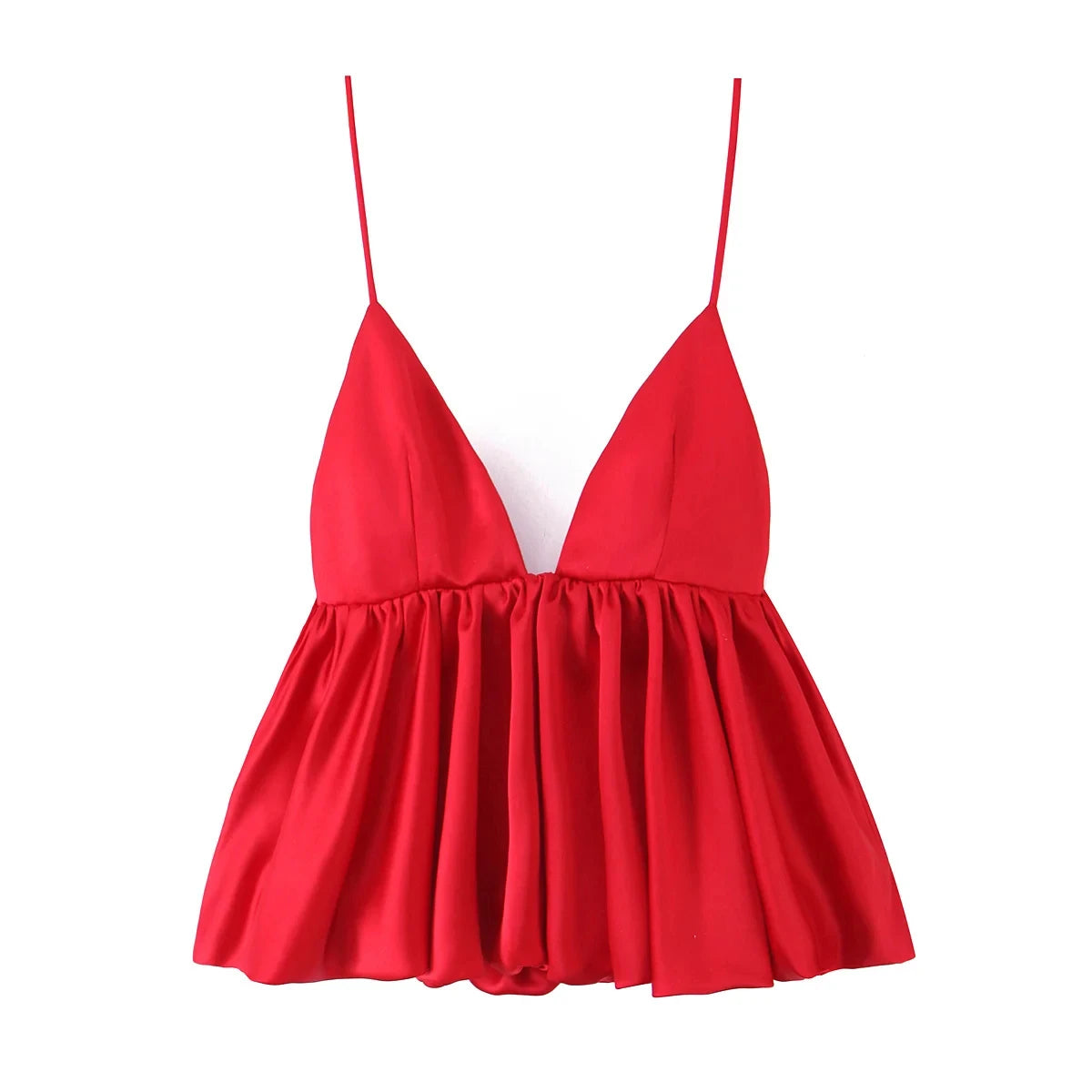 HH Female Summer Fashion Satin Texture Red Sling Tops V-Neck Solid Sleeveless Backless Elegant Pleated Sexy Party Tank Tops