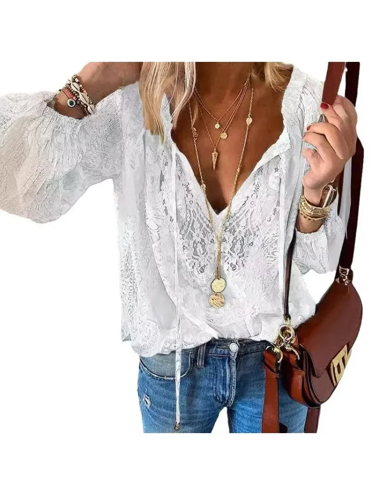 Women's Blouses Fashion Boho Lace Hollow Out Deep V Neck Pullover Shirt Women Elegant Casual Blouse Female Tops Spring Summer