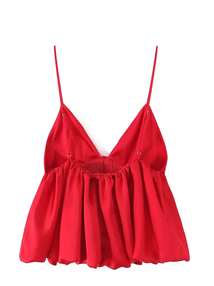 HH Female Summer Fashion Satin Texture Red Sling Tops V-Neck Solid Sleeveless Backless Elegant Pleated Sexy Party Tank Tops