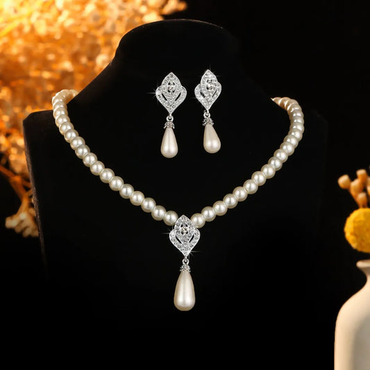 Women's Fashion Pearl Water Drop Geometric Jewelry Set Elegant Light Luxury Style High End Jewelry