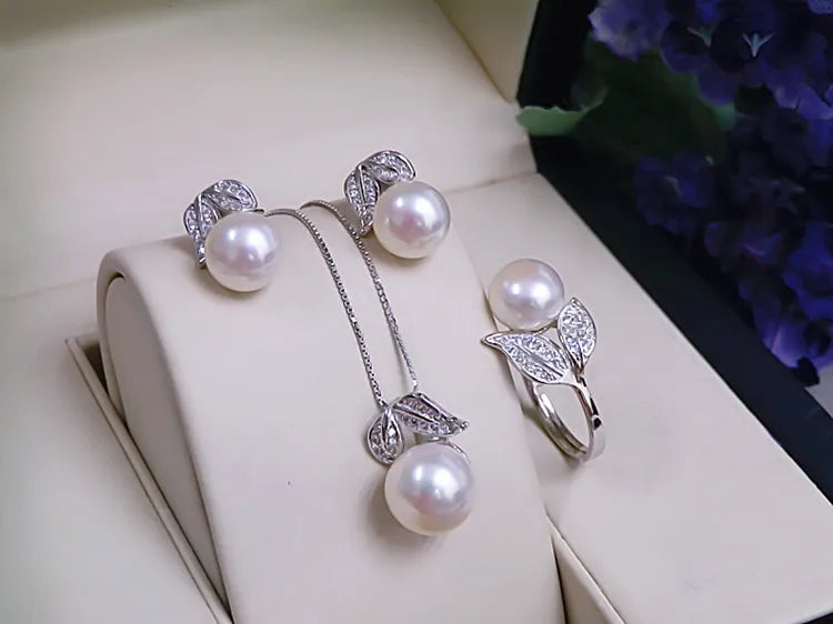 Real Pearl  ring Necklace Earrings For Women,Natural Freshwater White Pearl Jewelry Set 925 Sterling Silver Jewelry Sets Gift
