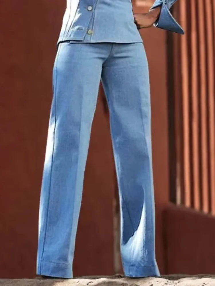 Beautyblue Women's Straight Trousers Blue Pants Casual 2025 New Spring High Waist Pure Cotton Female Bottom for Office Commute