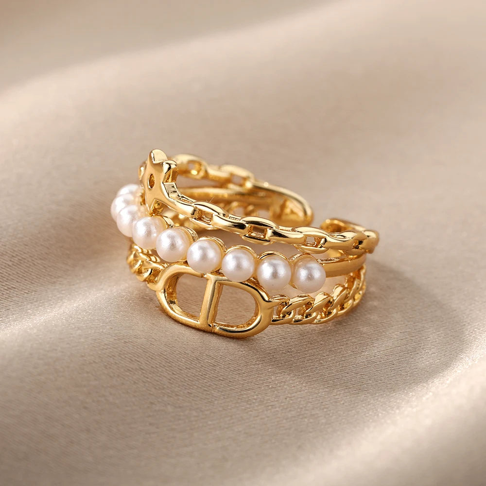Pearl Collection Gold Color Copper Zirconia Rings For Women Classic Adjustable Moon Open Ring  Fashion Aesthetic Jewelry Gifts