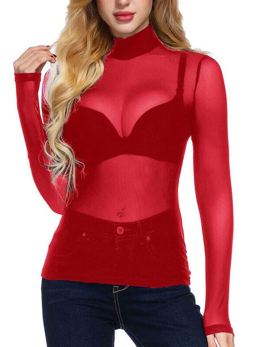 Women Sexy T-Shirt See Through Transparent Mesh Tops Long Sleeve Sheer Slim Ladies Turtleneck Tee