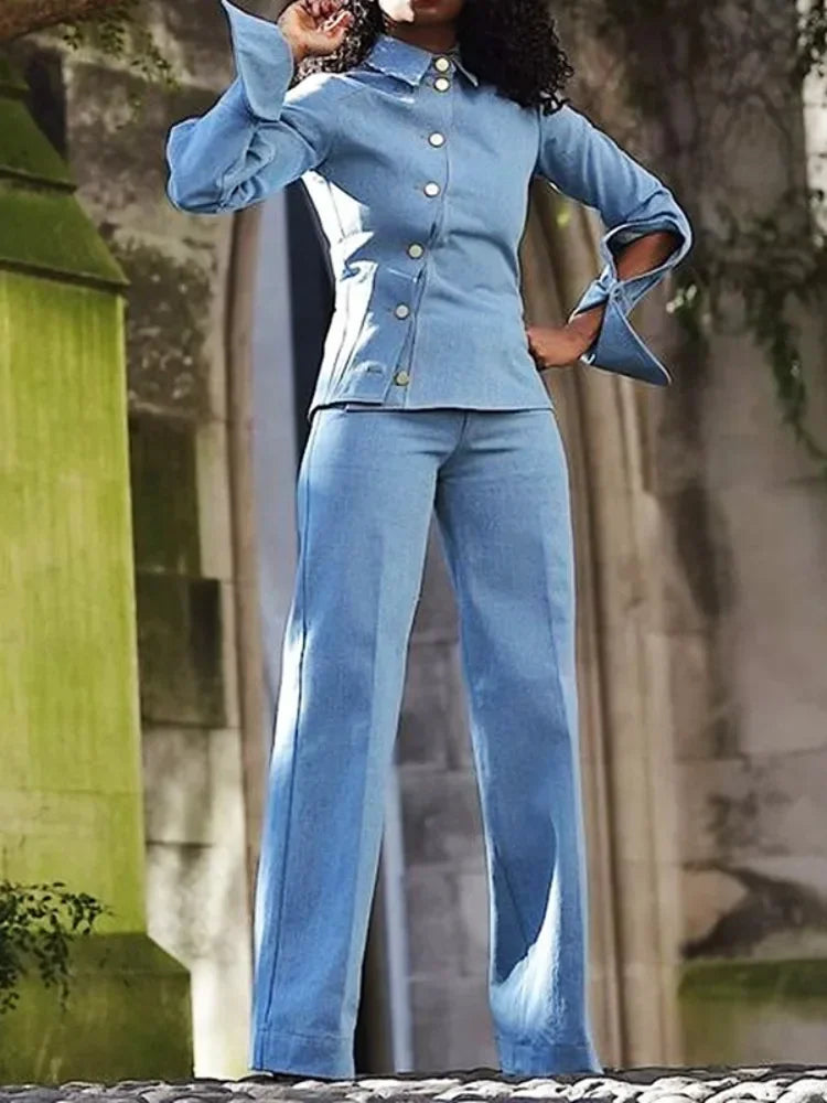 Beautyblue Women's Straight Trousers Blue Pants Casual 2025 New Spring High Waist Pure Cotton Female Bottom for Office Commute