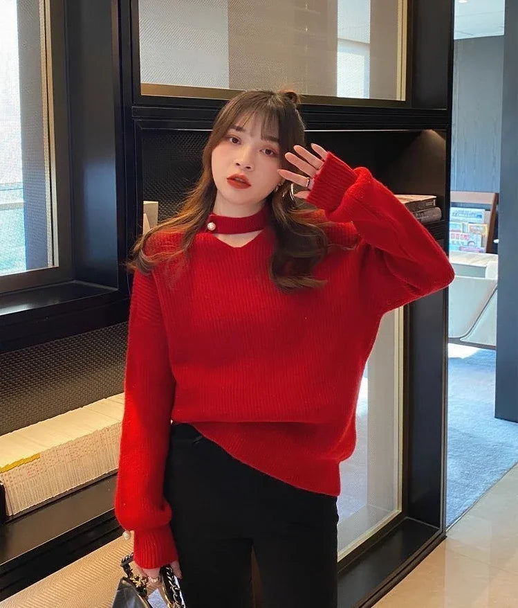 Knit Tops for Woman Red V-neck Women's Sweater Pullovers Crochet Cold Winter Y2k Fashion Korea Vintage New in Warm Knitwear 90s