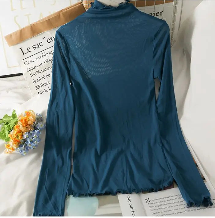 Mesh T Shirts Women Transparent Tops Long Sleeve Slim Turtleneck Stretchy T-Shirt Autumn Tees