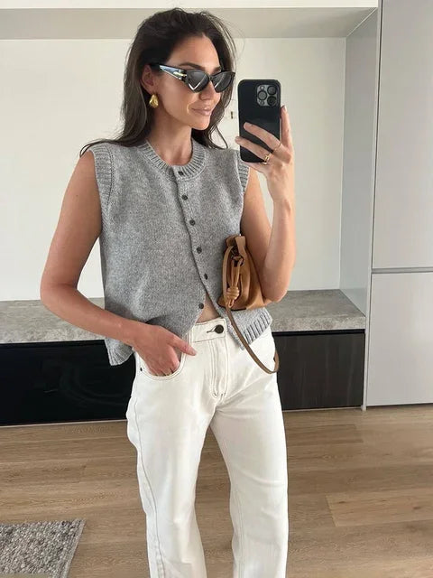 Knitted Vests Top For Women Casual Single-Breasted Knitwear Cardigan Tank Sweater Female Solid Sleeveless 2024 Fashion