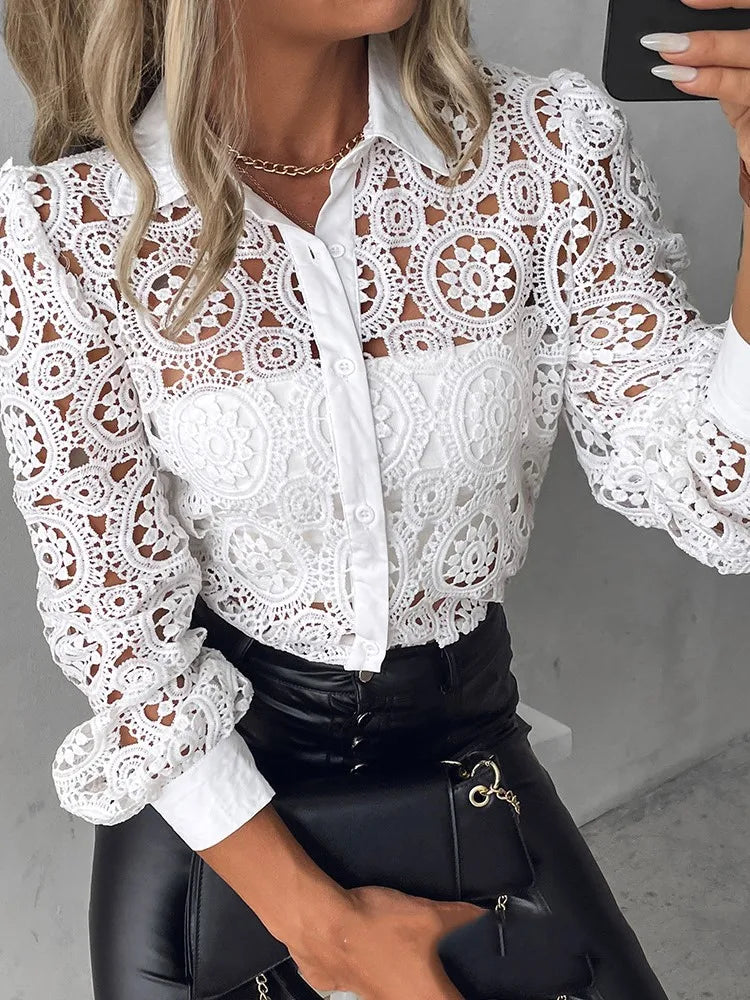 Lace Blouses For Women Elegant Office White Shirt Long Sleeve Button Turn-down Collar Sexy Hollow Tops Fashion Women's Clothing