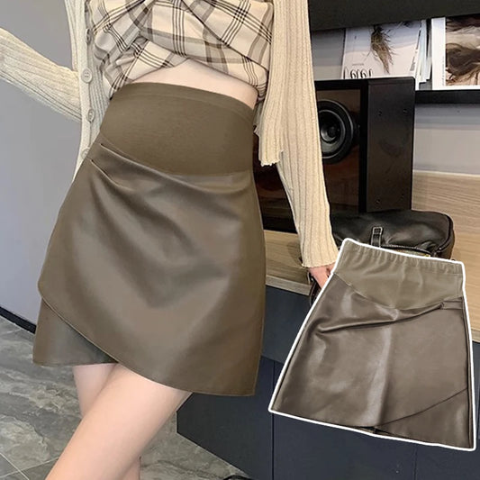 Irregular Bottoms PU Skirts for Maternity Autumn Winter Elastic Waist belly Pencil Clothes for Pregnant Women Youth Pregnancy