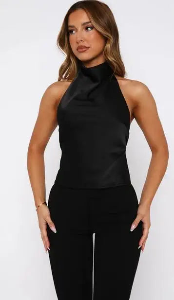 Women's Halter Neck Satin Tops Sleeveless Backless Solid Color Slim Fit Tops Summer Shirts