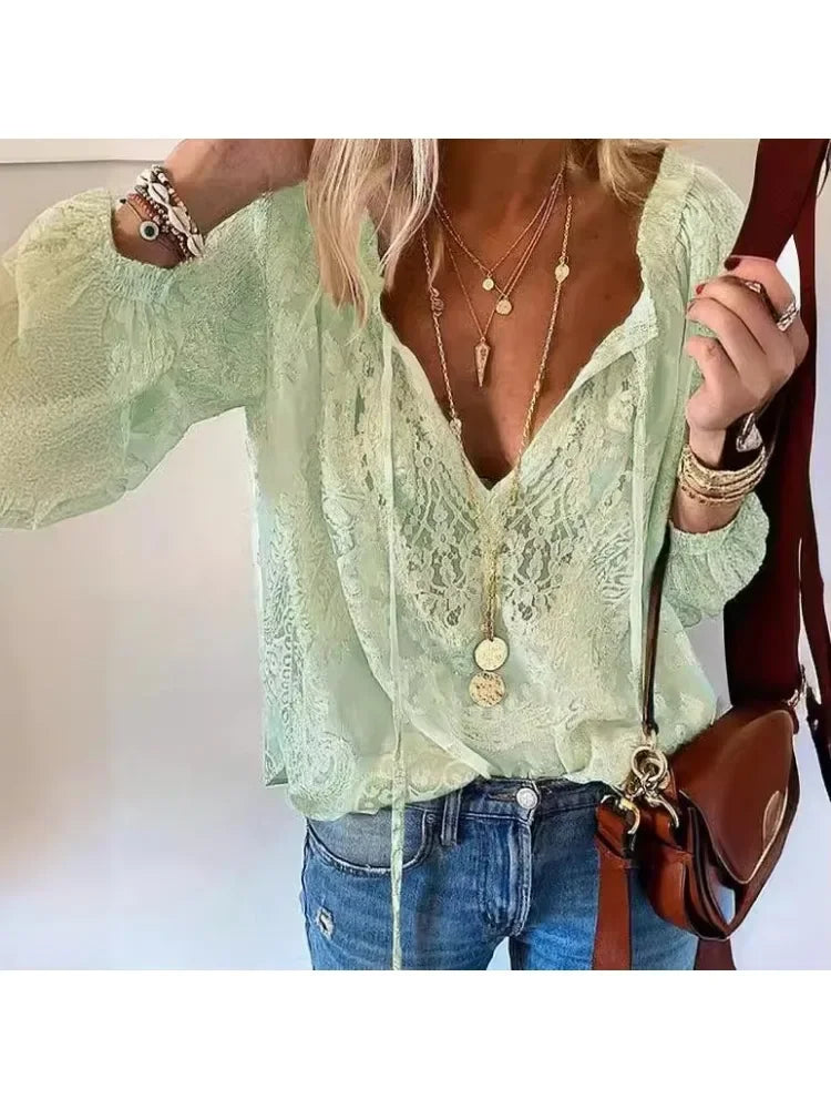 Women's Blouses Fashion Boho Lace Hollow Out Deep V Neck Pullover Shirt Women Elegant Casual Blouse Female Tops Spring Summer