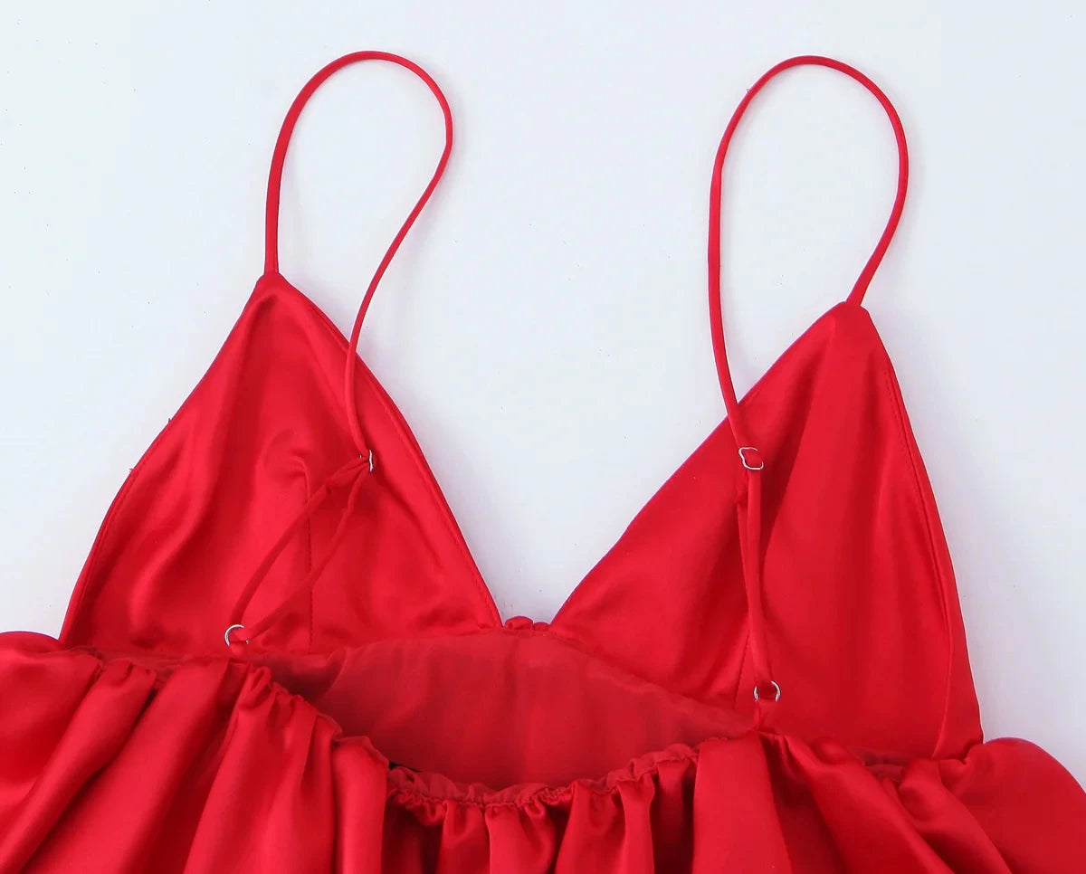 HH Female Summer Fashion Satin Texture Red Sling Tops V-Neck Solid Sleeveless Backless Elegant Pleated Sexy Party Tank Tops