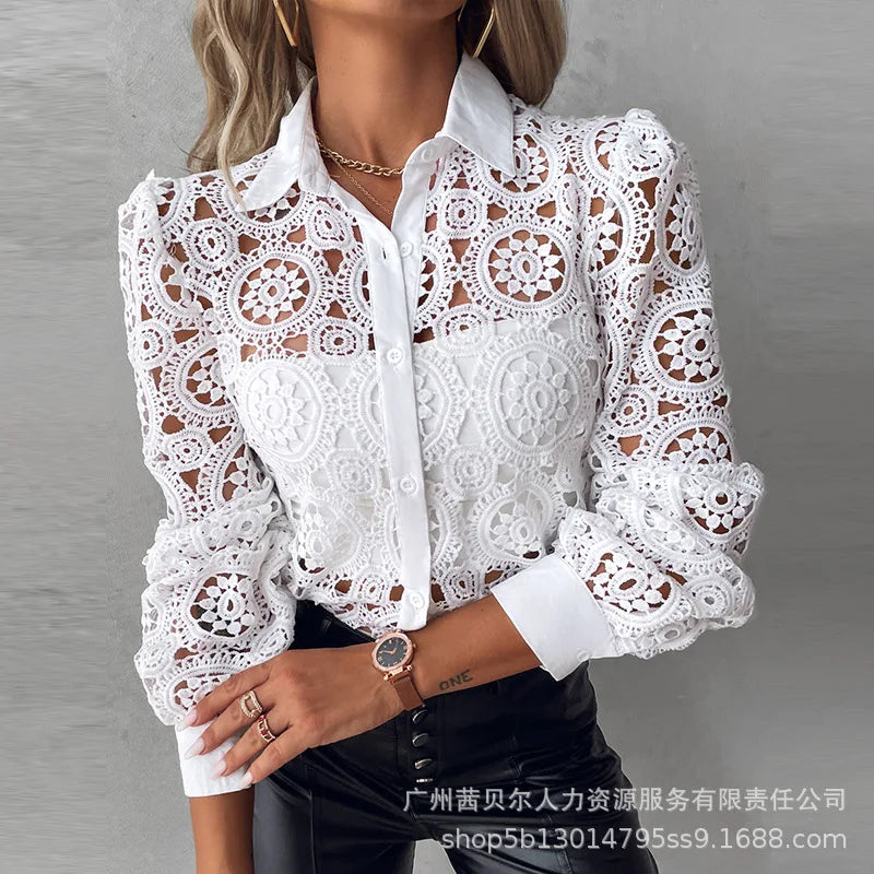 Lace Blouses For Women Elegant Office White Shirt Long Sleeve Button Turn-down Collar Sexy Hollow Tops Fashion Women's Clothing