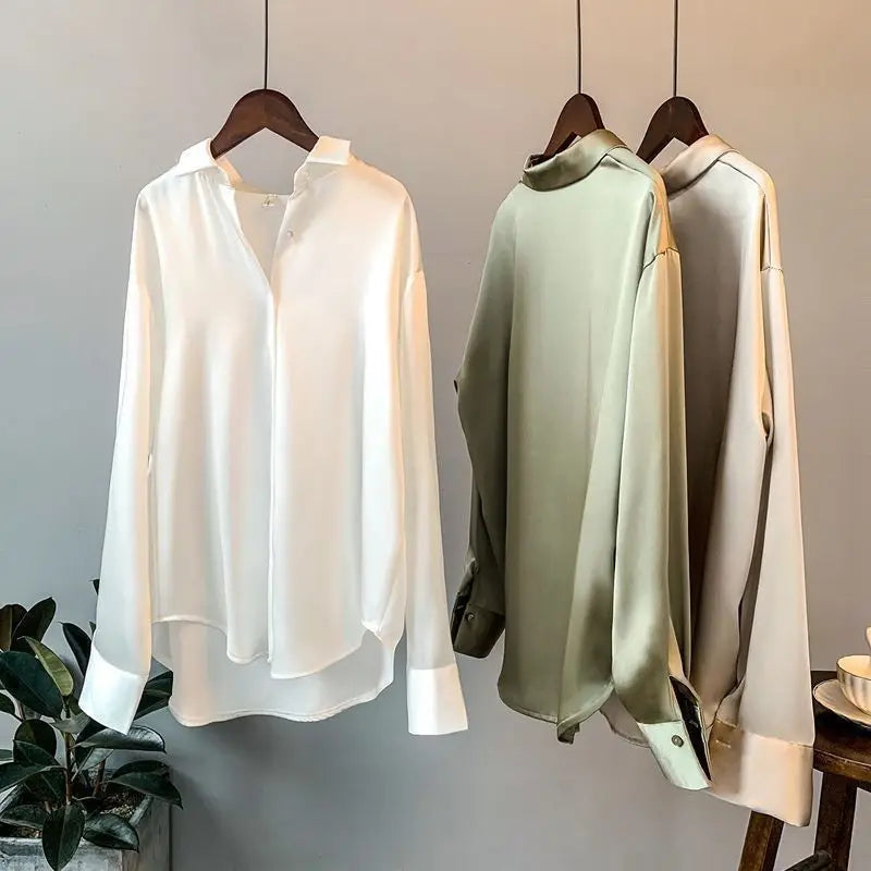 Satin Finish Long Sleeve Shirts Tops Fashion Women Single Breasted Lapel New Blouses Casual Office Lady Commute French Outwear