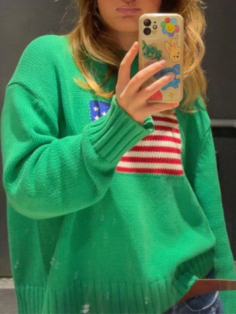 American Knitwear Women's Spring Autumn European and American Casual Loose Round Neck Long Sleeve Sweater Trendy Brand Wholesale