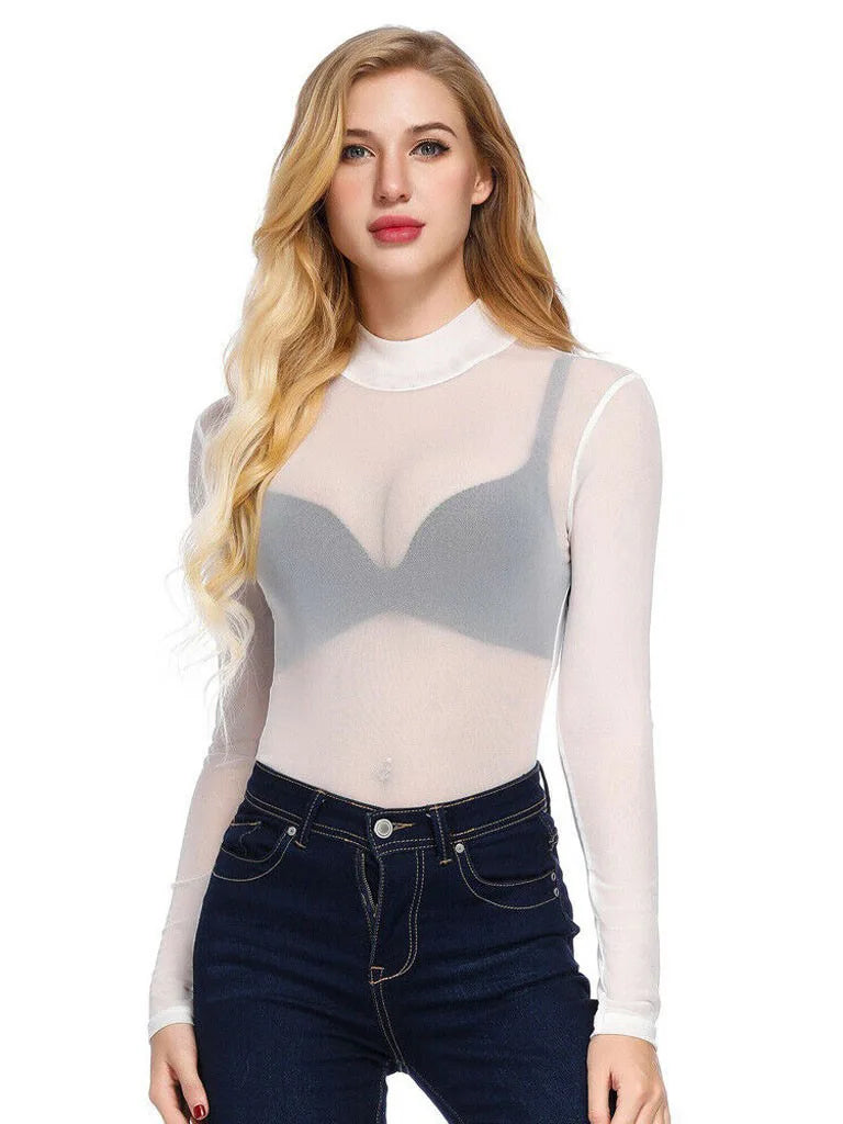 Women Sexy T-Shirt See Through Transparent Mesh Tops Long Sleeve Sheer Slim Ladies Turtleneck Tee