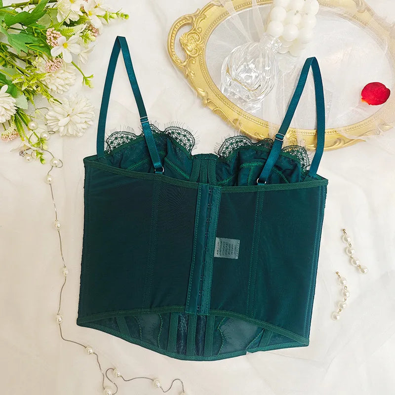 Women Lace Corset Tops Sexy Sheer Mesh Spaghetti Strap Fishbone Summer Bustier Top Y2K Going Out Night Club Party Concert Tops