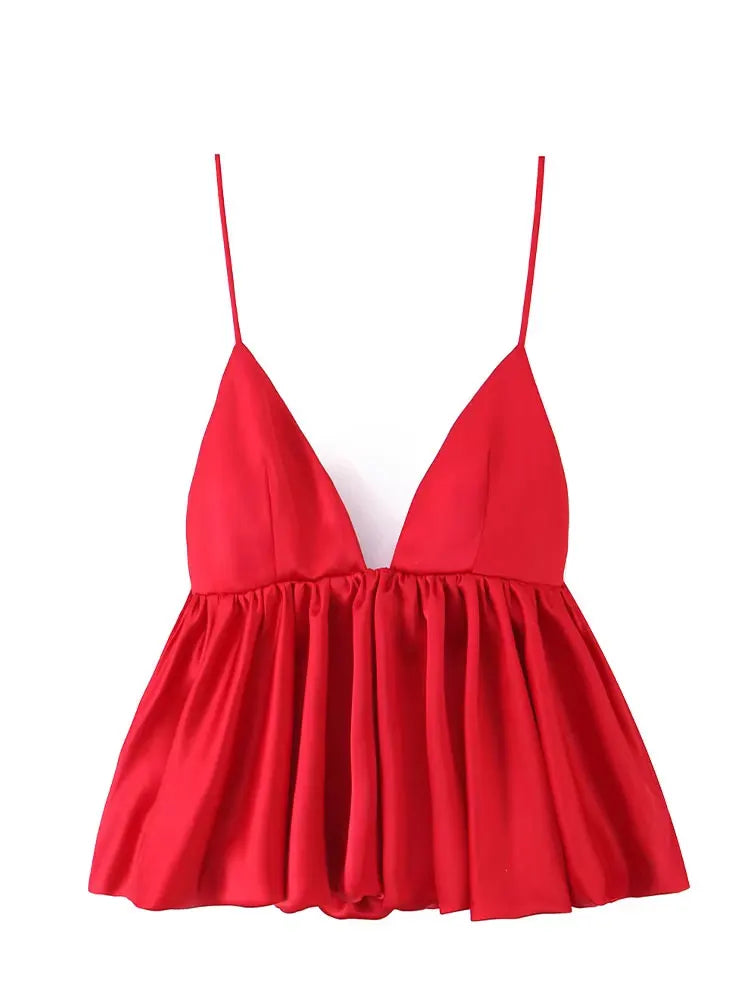 HH Female Summer Fashion Satin Texture Red Sling Tops V-Neck Solid Sleeveless Backless Elegant Pleated Sexy Party Tank Tops