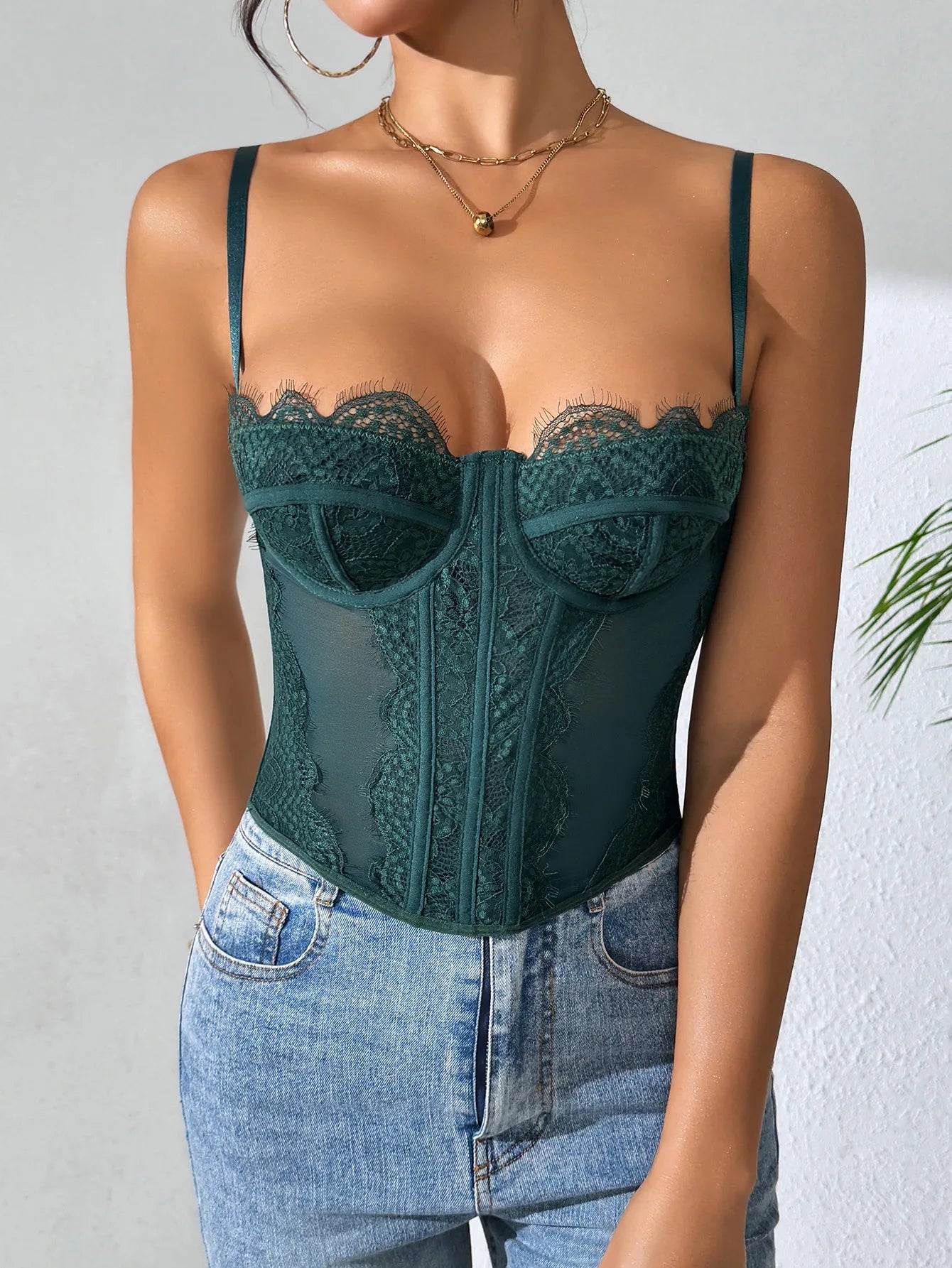 Women Lace Corset Tops Sexy Sheer Mesh Spaghetti Strap Fishbone Summer Bustier Top Y2K Going Out Night Club Party Concert Tops