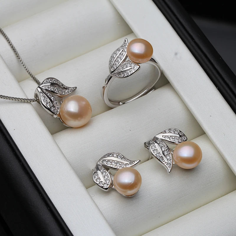 Real Pearl  ring Necklace Earrings For Women,Natural Freshwater White Pearl Jewelry Set 925 Sterling Silver Jewelry Sets Gift