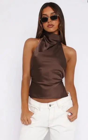 Women's Halter Neck Satin Tops Sleeveless Backless Solid Color Slim Fit Tops Summer Shirts