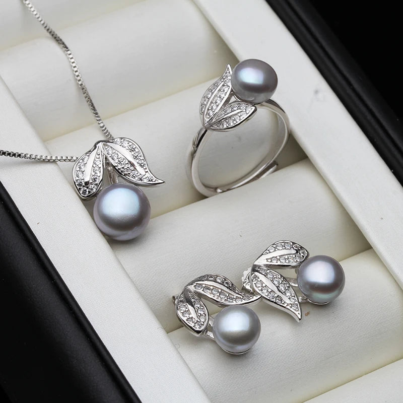 Real Pearl  ring Necklace Earrings For Women,Natural Freshwater White Pearl Jewelry Set 925 Sterling Silver Jewelry Sets Gift