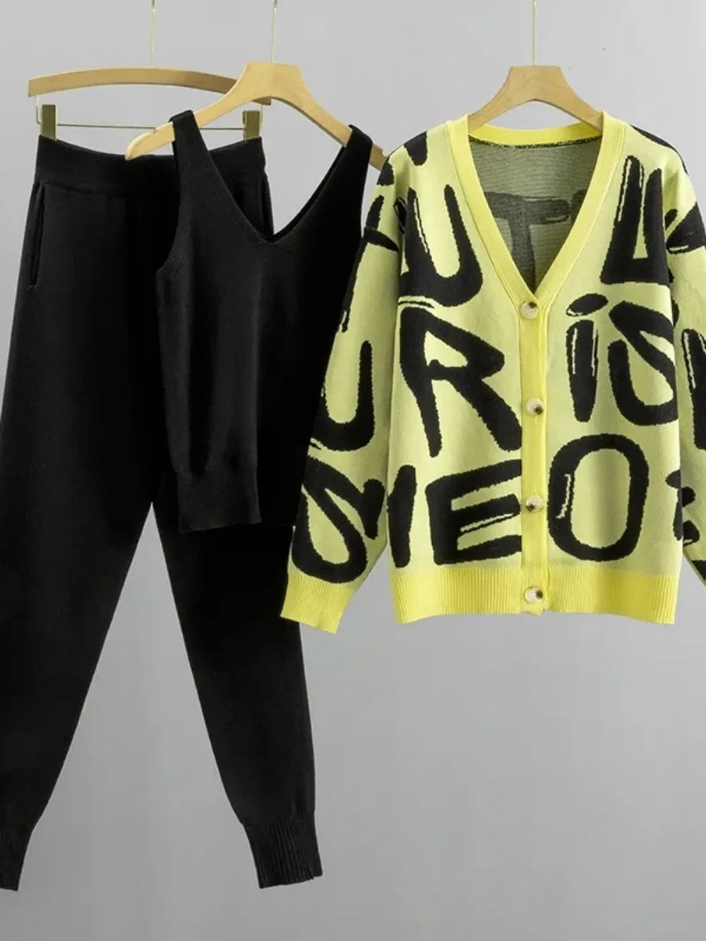 Knit Sweater 3 Piece Set Women Knitted Vest Cardigan Pencil Pants Suit Matching Sets Print Single Breasted Coat Knit Outfits