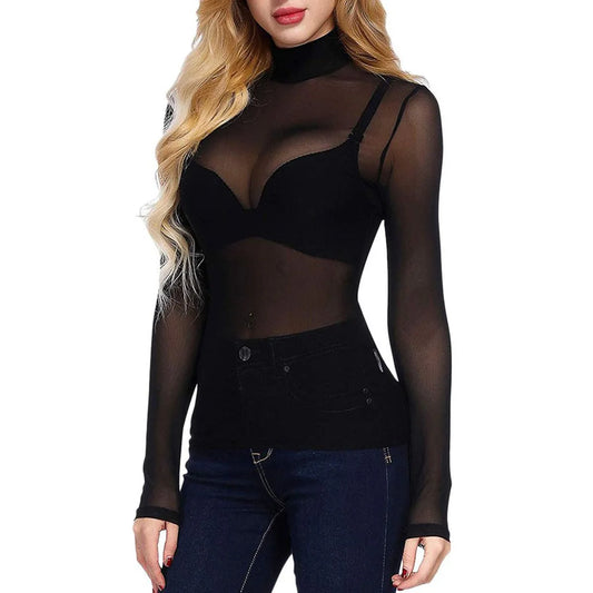 Women Sexy T-Shirt See Through Transparent Mesh Tops Long Sleeve Sheer Slim Ladies Turtleneck Tee