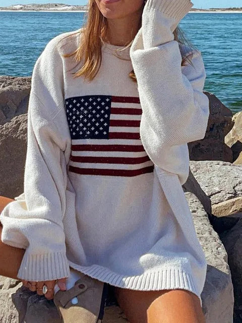 American Knitwear Women's Spring Autumn European and American Casual Loose Round Neck Long Sleeve Sweater Trendy Brand Wholesale