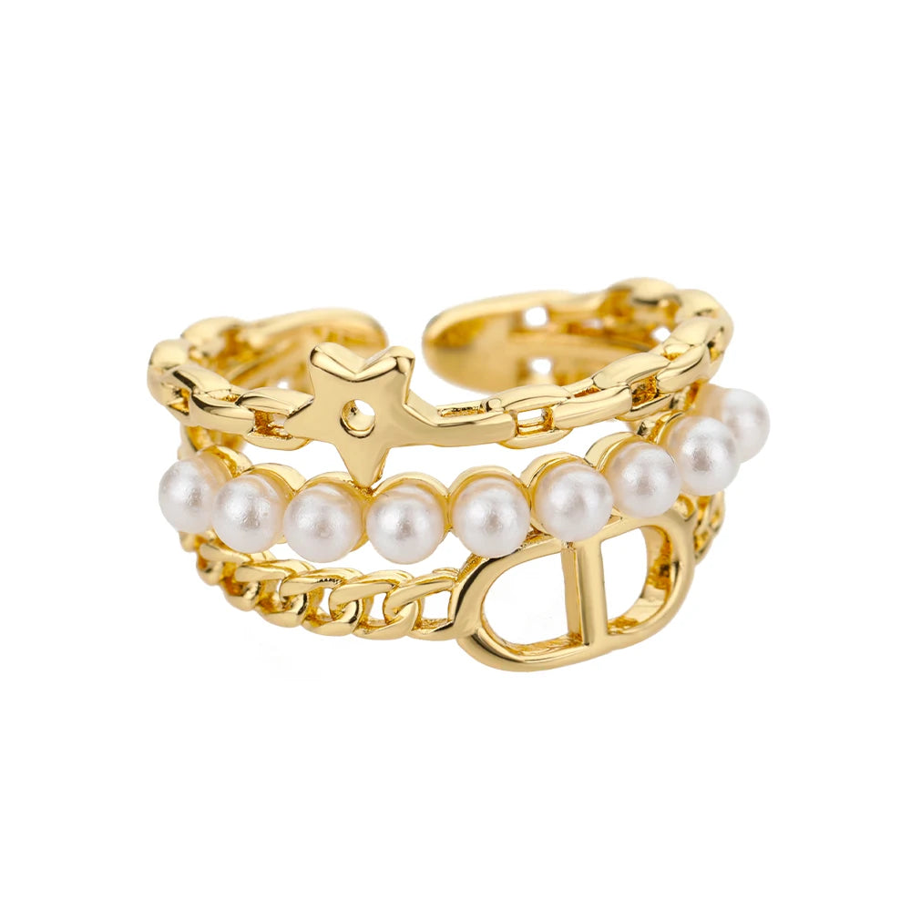 Pearl Collection Gold Color Copper Zirconia Rings For Women Classic Adjustable Moon Open Ring  Fashion Aesthetic Jewelry Gifts