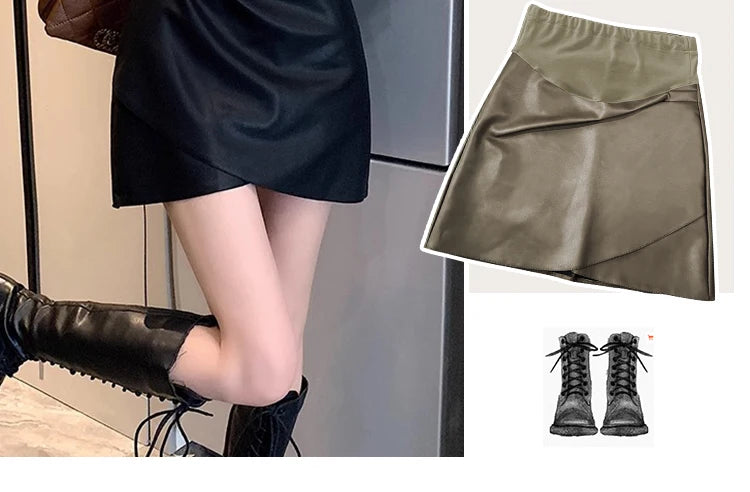 Irregular Bottoms PU Skirts for Maternity Autumn Winter Elastic Waist belly Pencil Clothes for Pregnant Women Youth Pregnancy