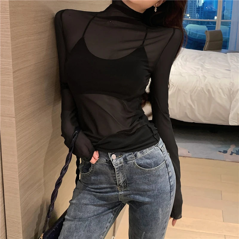 Mesh T Shirts Women Transparent Tops Long Sleeve Slim Turtleneck Stretchy T-Shirt Autumn Tees