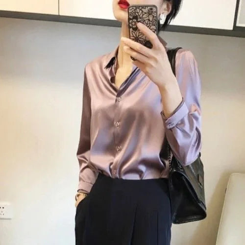 Satin Finish Long Sleeve Shirts Tops Fashion Women Single Breasted Lapel New Blouses Casual Office Lady Commute French Outwear