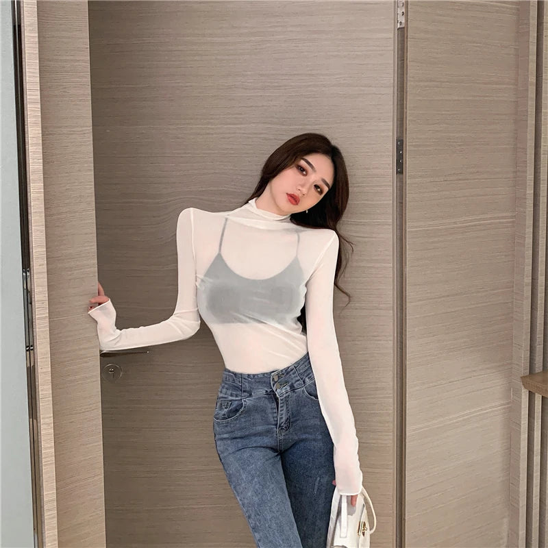 Mesh T Shirts Women Transparent Tops Long Sleeve Slim Turtleneck Stretchy T-Shirt Autumn Tees