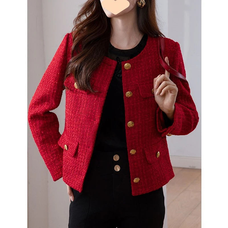 Women's Jacket 2025 New Autumn Fashion Red Tweed Small Fragrance Coat Ladies Short Blazers Korean Elegant Female Tops Outerwear