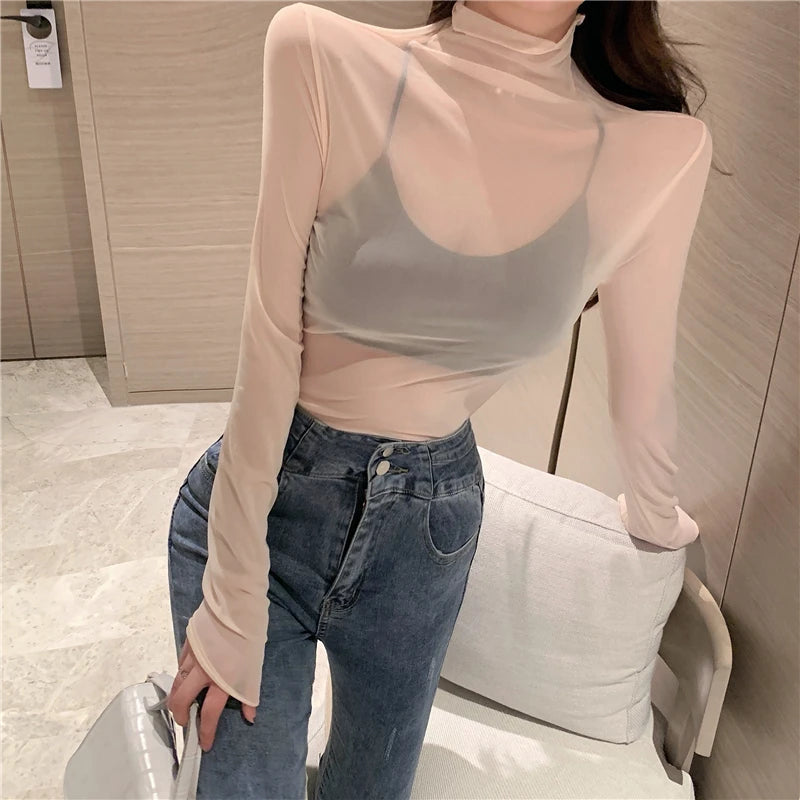 Mesh T Shirts Women Transparent Tops Long Sleeve Slim Turtleneck Stretchy T-Shirt Autumn Tees