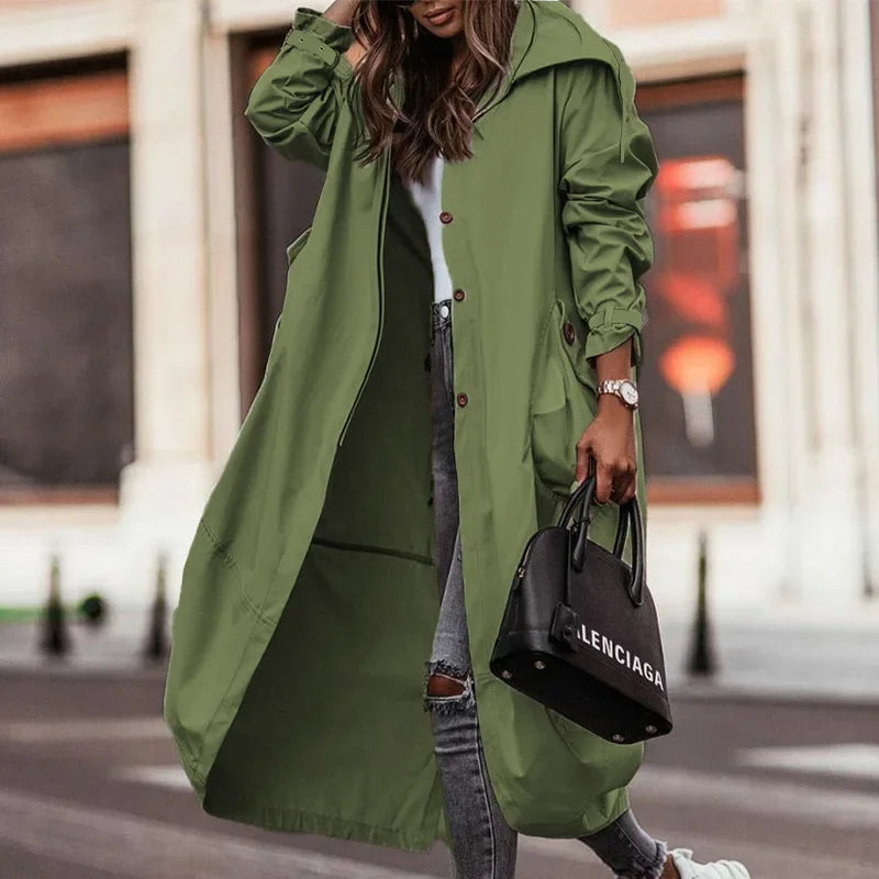 Single-Breasted Trench Coat Women Streetwear Overcoats Jackets Outwear Pocket Hooded Autumn Long Coats Trench