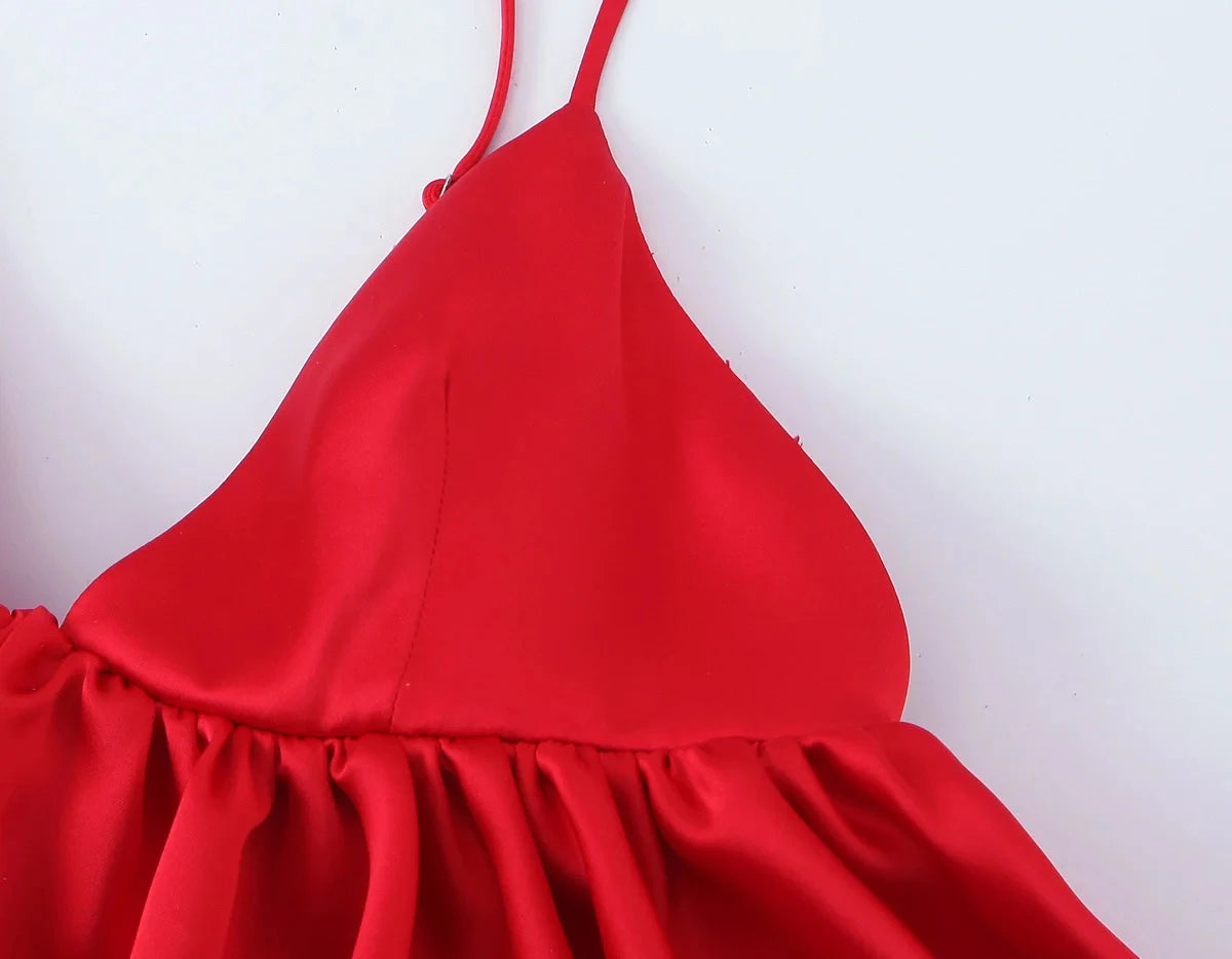 HH Female Summer Fashion Satin Texture Red Sling Tops V-Neck Solid Sleeveless Backless Elegant Pleated Sexy Party Tank Tops