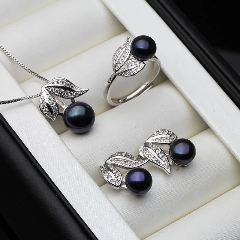 Real Pearl  ring Necklace Earrings For Women,Natural Freshwater White Pearl Jewelry Set 925 Sterling Silver Jewelry Sets Gift