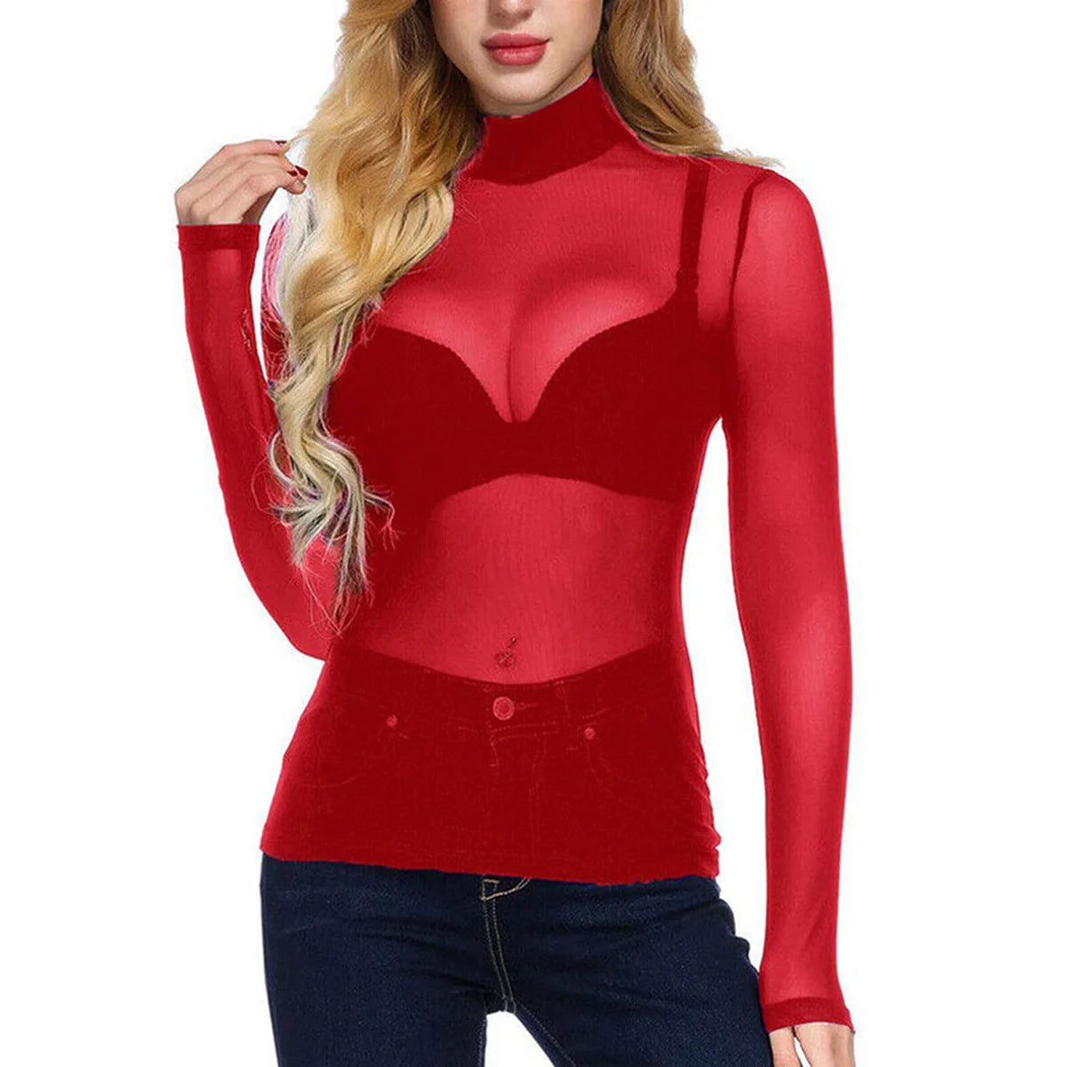 Women Sexy T-Shirt See Through Transparent Mesh Tops Long Sleeve Sheer Slim Ladies Turtleneck Tee