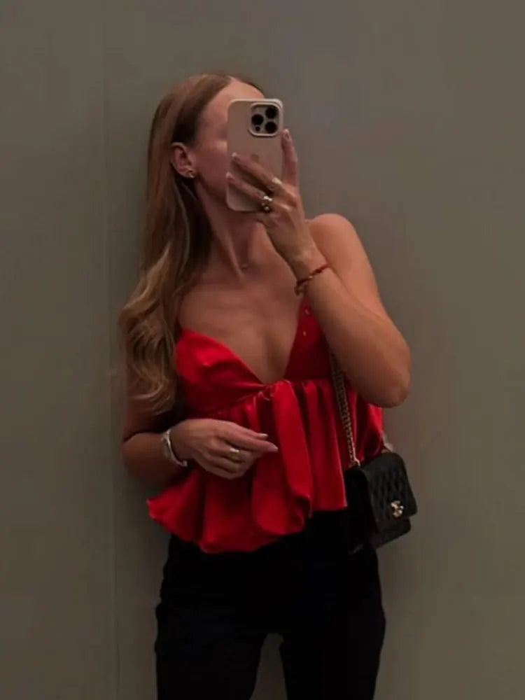 HH Female Summer Fashion Satin Texture Red Sling Tops V-Neck Solid Sleeveless Backless Elegant Pleated Sexy Party Tank Tops