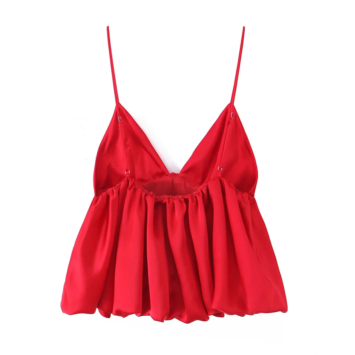 HH Female Summer Fashion Satin Texture Red Sling Tops V-Neck Solid Sleeveless Backless Elegant Pleated Sexy Party Tank Tops