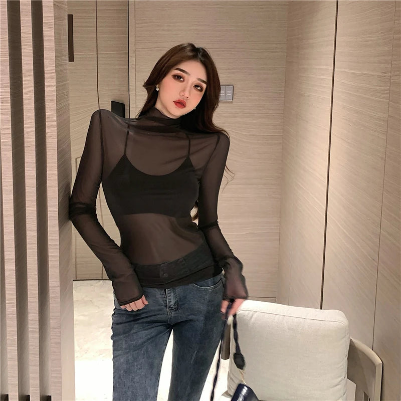 Mesh T Shirts Women Transparent Tops Long Sleeve Slim Turtleneck Stretchy T-Shirt Autumn Tees