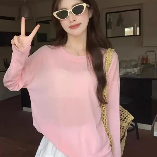 Sexy Mesh Long Sleeve T Shirt Solid Turtleneck Transparent Mesh Tops Long Sleeve Ladies T-Shirts Women Clothing Girls Basic Tops