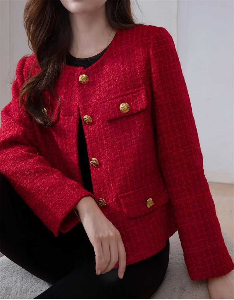 Women's Jacket 2025 New Autumn Fashion Red Tweed Small Fragrance Coat Ladies Short Blazers Korean Elegant Female Tops Outerwear