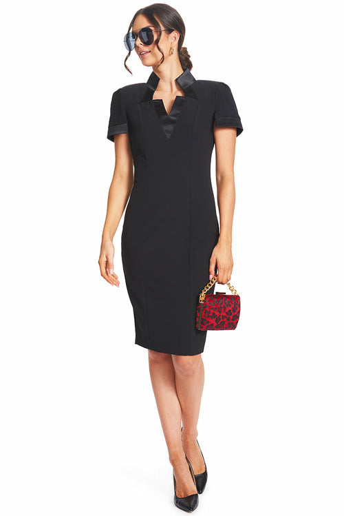 Top Notch Dress -  Short Sleeve Notch Neck Black Midi Dress with Satin