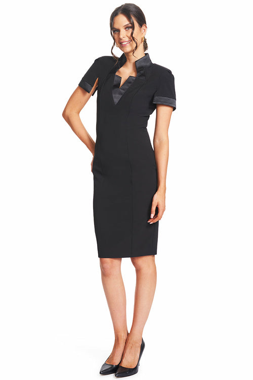Top Notch Dress -  Short Sleeve Notch Neck Black Midi Dress with Satin