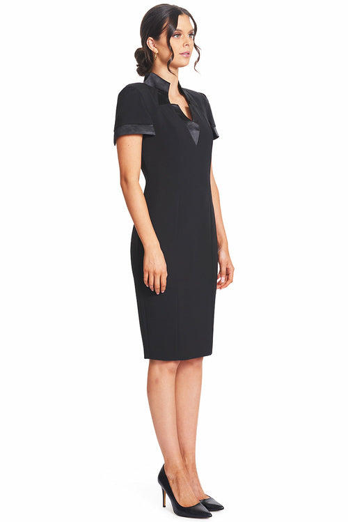 Top Notch Dress -  Short Sleeve Notch Neck Black Midi Dress with Satin