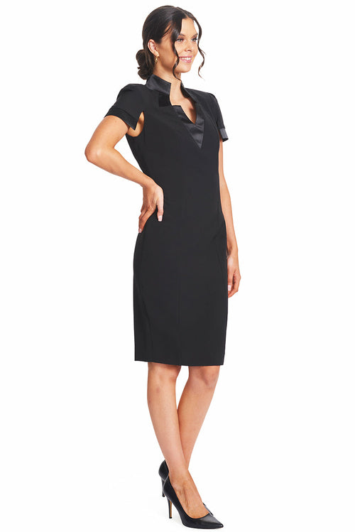 Top Notch Dress -  Short Sleeve Notch Neck Black Midi Dress with Satin